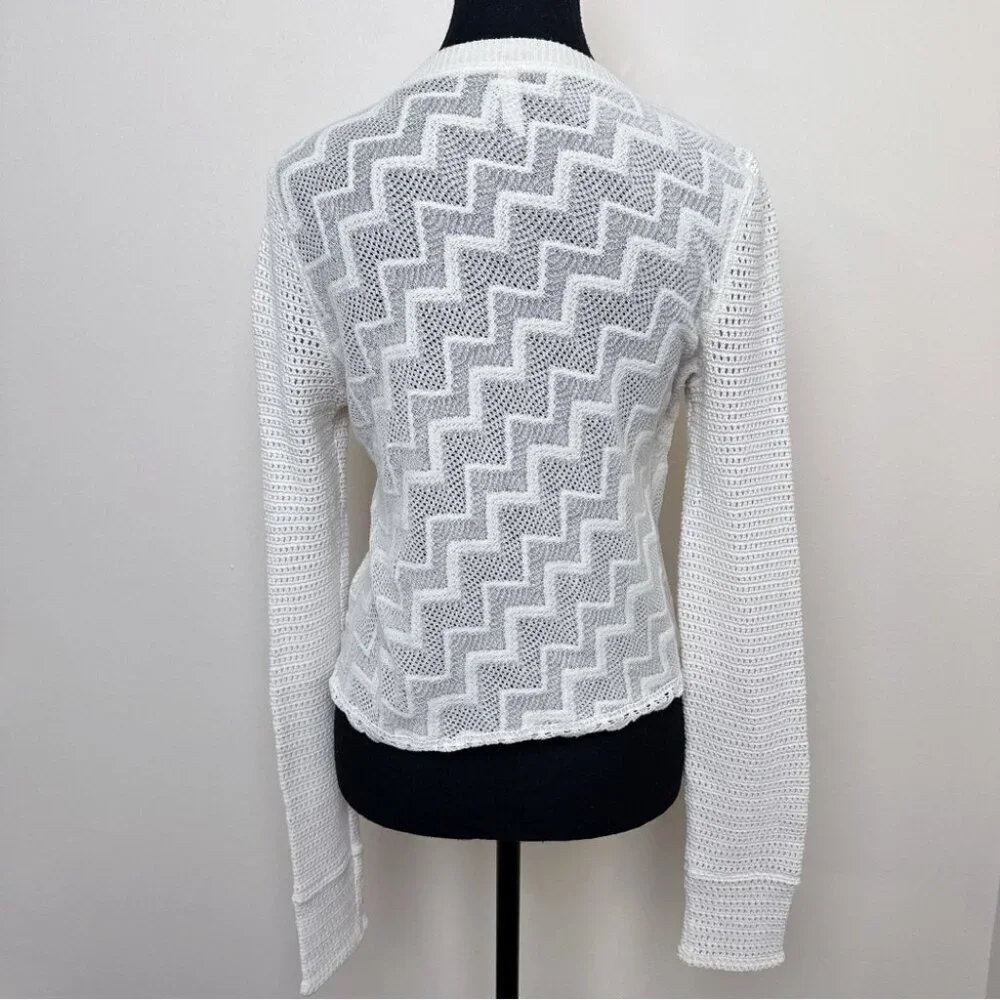 Free People Womens Medium Ivory Crochet Semi Sheer Long Sleeve Boxy